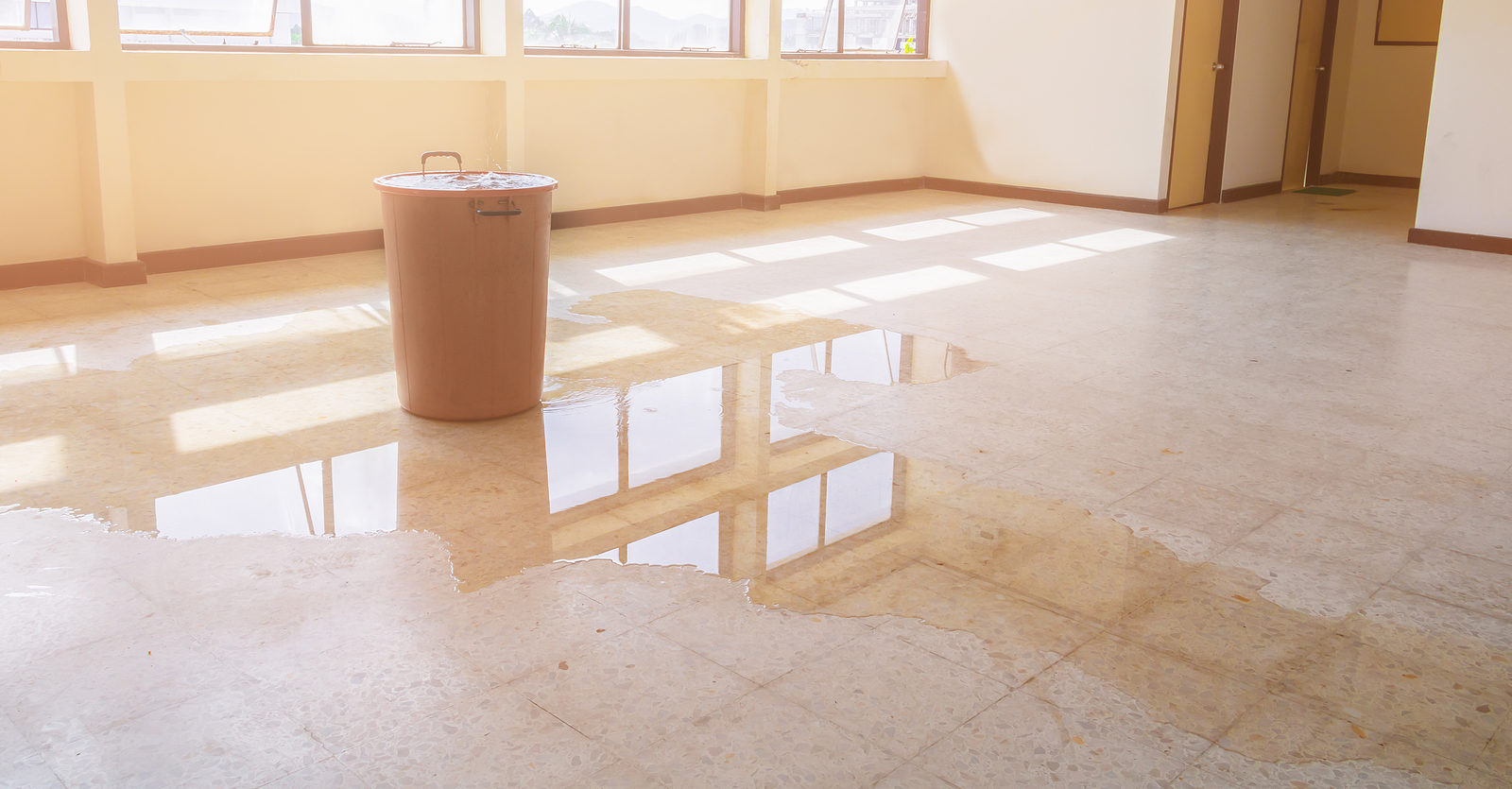 Water Leak Drop Interior Office Building In Red Bucket From Ceil water leak drop interior office building in red bucket from Ceiling and flow on terrazzo floor