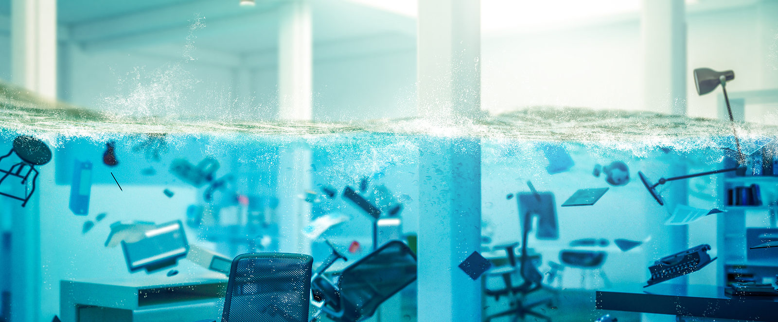 interior of an office completely flooded, objects floating in wa interior of an office completely flooded, objects floating in water and selective focus on a chair. 3d image render. concept of problems at work.